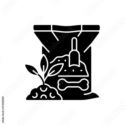 Bone meal black glyph icon. Organic powder for soil supplementing. Mixture of elements and minerals. Calcium and phosphorus. Silhouette symbol on white space. Vector isolated illustration