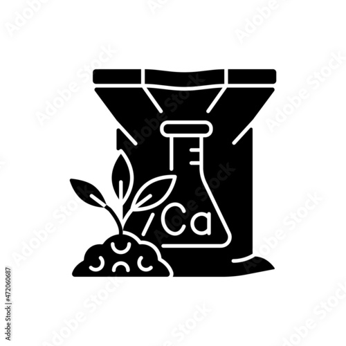 Calcium fertilizers black glyph icon. Chemical and organic supplements for plants. Egg shell and bone meal. Crop feeding. Silhouette symbol on white space. Vector isolated illustration