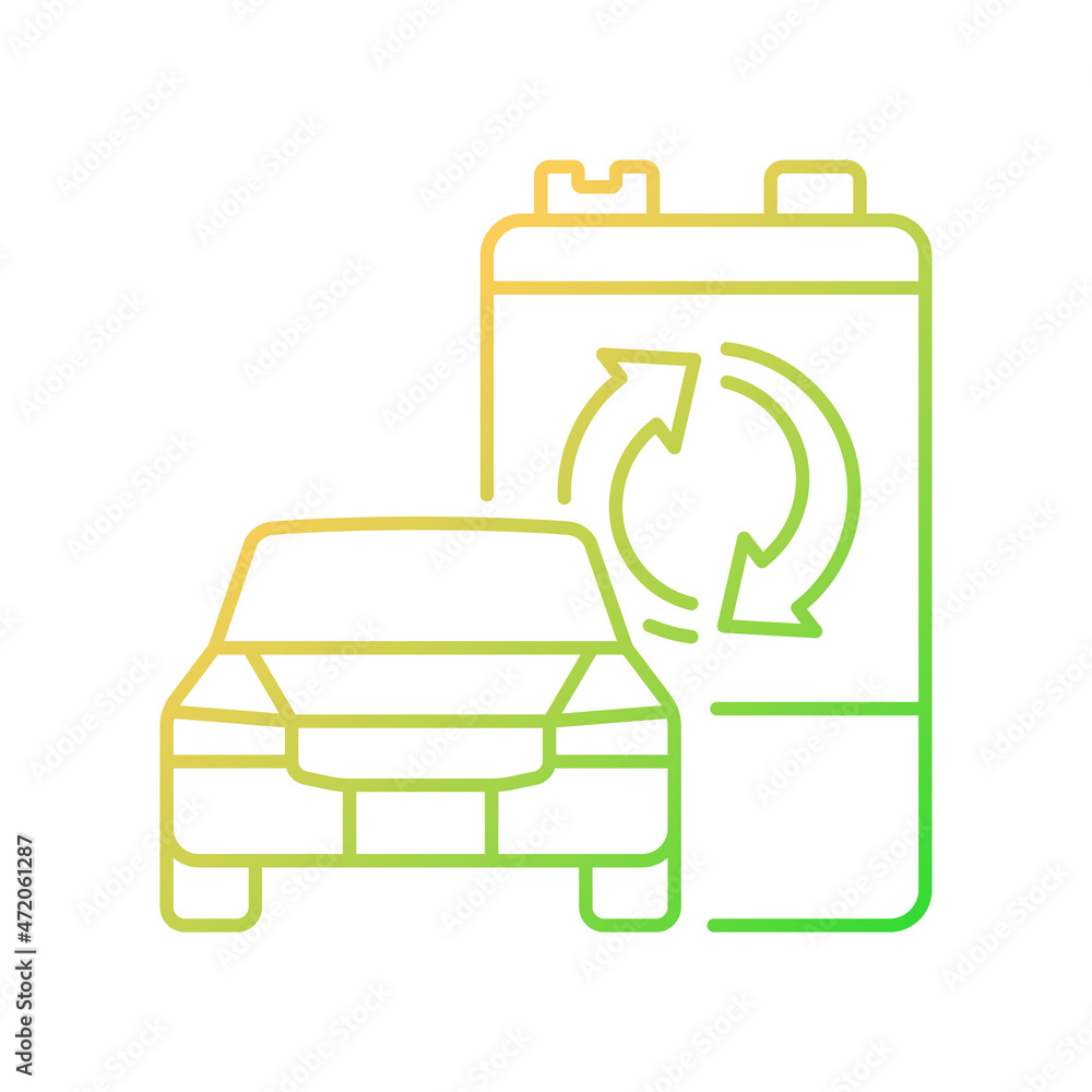 Recyclable EV battery gradient linear vector icon. Electric vehicle accumulator reuse. E-waste processing. Thin line color symbol. Modern style pictogram. Vector isolated outline drawing