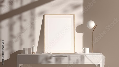 Blank wood a4 frame mockup interior background, looped motion, 3d rendering. Empty cycled vertical painting placard mock up. Clear desk border with canvas panel template.