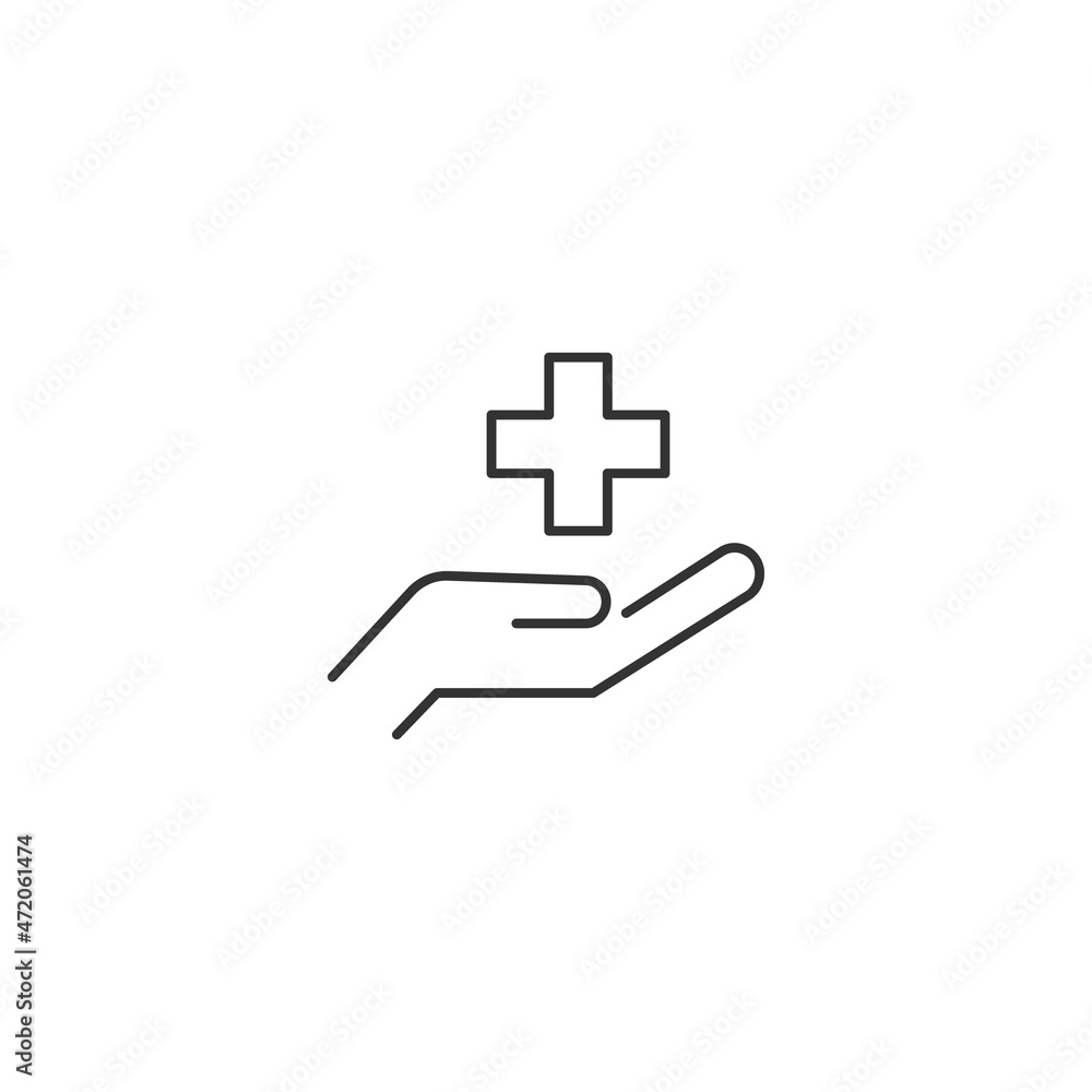 Obraz premium Giving and present concept. High quality editable strokes in flat style. Suitable for advertisig, web sites, online shopes, stores etc. Line icon of medical cross over hand