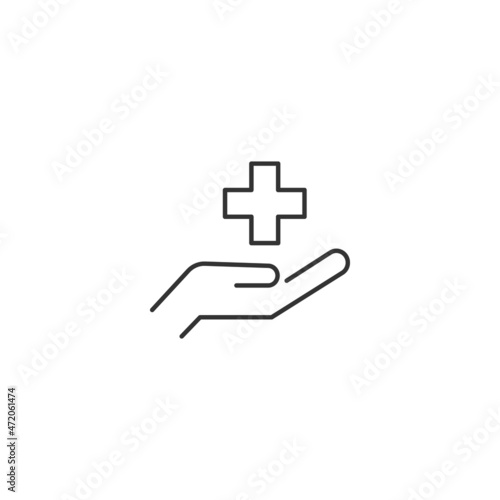 Giving and present concept. High quality editable strokes in flat style. Suitable for advertisig, web sites, online shopes, stores etc. Line icon of medical cross over hand