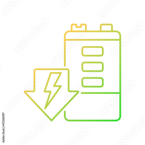Battery discharging gradient linear vector icon. Self-discharge. Energy draining. Durability deterioration. Thin line color symbol. Modern style pictogram. Vector isolated outline drawing