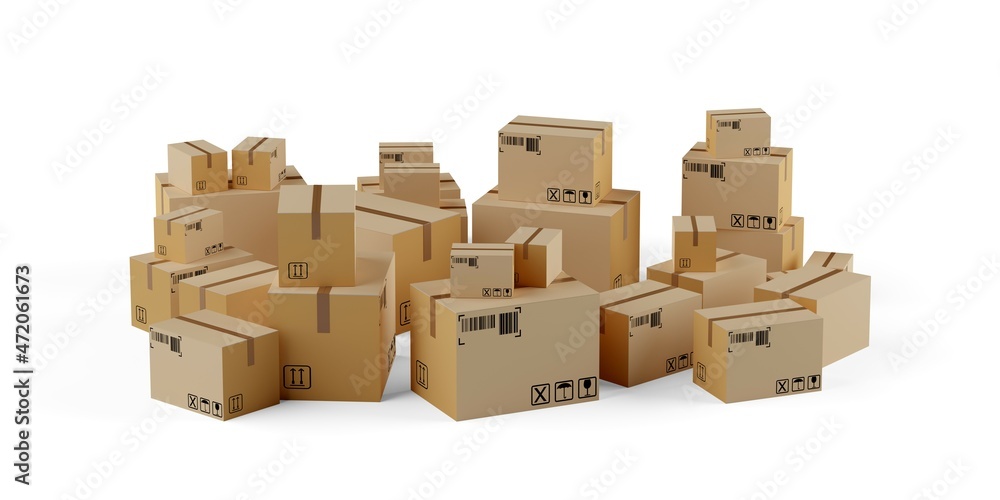 Heap of cardboard boxes or parcels for delivery or storage over white background, goods shipping or transportation concept Heap of cardboard boxes or parcels for delivery or storage over white background, goods shipping or transportation concept
