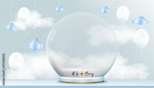 Vector for baby boy shower card on blue sky background,Cute Paper art abstract origami cloudscape on blue sky and magic glass ball 3D with copy space for baby's photos