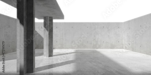 Abstract empty, modern concrete room with indirect lighting from open ceiling with shadow and shiny floor - industrial interior background template