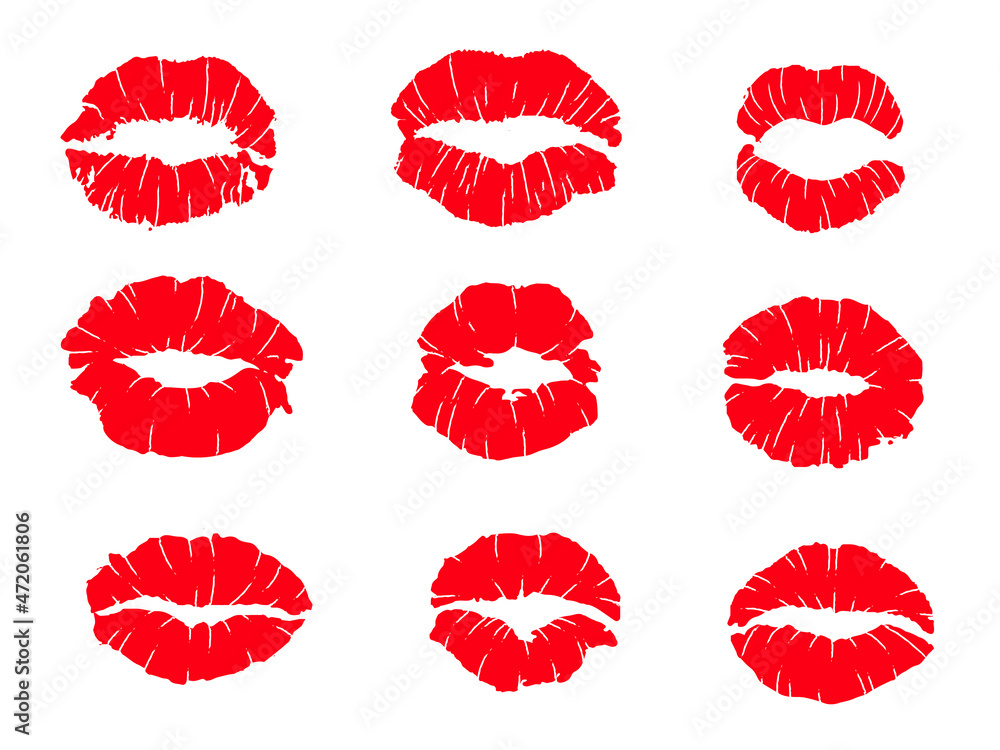 Red female glossy lips collection of various emotions. Different shapes of female red lips. lips makeup, Red female glossy lips collection of various emotions. Different shapes of female red lips. lips makeup,