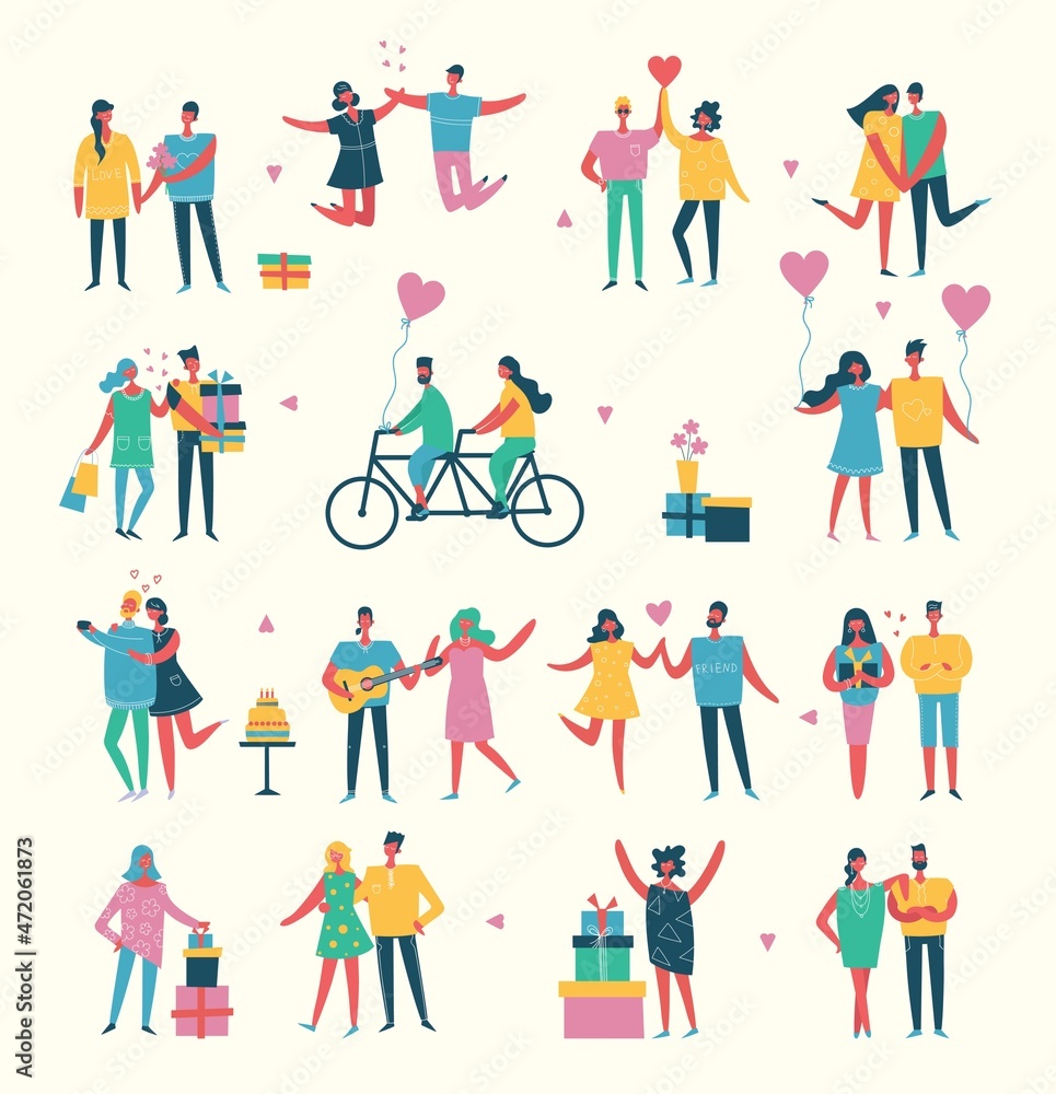 Illustration with happy cartoon couples of people. Happy friends, parents, lovers on date, hugging, dancing, couples with kids. Vector illustration isolated