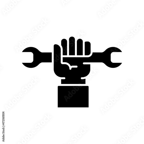 Hand with wrench glyph icon. Vector isolated fill black illustration