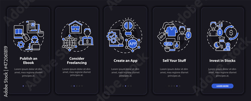 Money making approaches onboarding mobile app page screen. Creating apps walkthrough 5 steps graphic instructions with concepts. UI, UX, GUI vector template with linear night mode illustrations