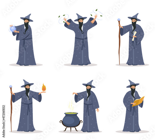 Cartoon wizard. Magician old characters with beard wear long robes and pointed hats. ystery fantasy witchcraft, magic Merlin spells