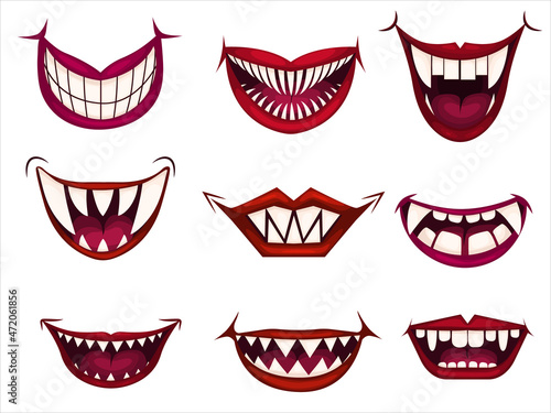 Creepy clown mouths set. Scary evil clown smile. Vector icons set. Vector illustration EPS10