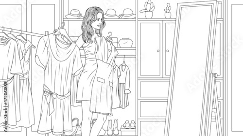 Vector illustration, fashionista trying on outfits