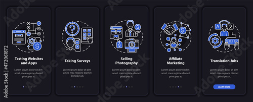 Digital profitmaking onboarding mobile app page screen. Selling photos walkthrough 5 steps graphic instructions with concepts. UI, UX, GUI vector template with linear night mode illustrations photo