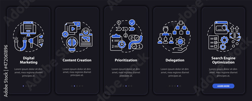 Online business skills onboarding mobile app page screen. Content creation walkthrough 5 steps graphic instructions with concepts. UI, UX, GUI vector template with linear night mode illustrations