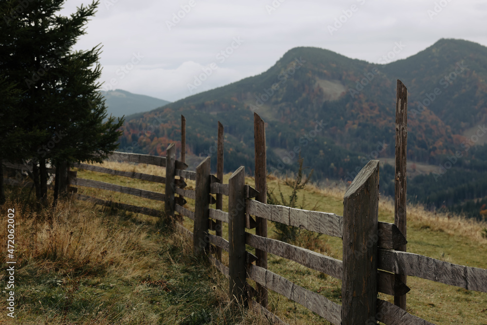 Picturesque view of mountain landscape with forest and wooden fence