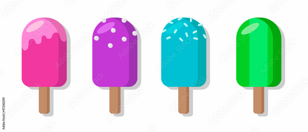 Set of 4 bright colorful summer ice cream on a stick. Well applicable for web design, postcards and prints. Set of 4 bright colorful summer ice cream on a stick. Well applicable for web design, postcards and prints.