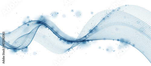 3d particles mesh array, sound wave flowing. Round points vector effect illustration. Blended mesh, future technology relaxing wallpaper.