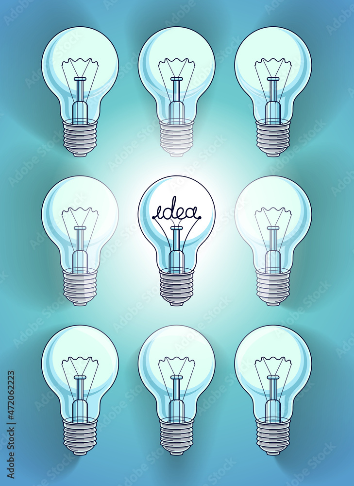 Idea concept light bulbs vector illustration with single one is shining, think different, creativity, be special, leadership. Idea concept light bulbs vector illustration with single one is shining, think different, creativity, be special, leadership.