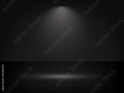Black studio wall and floor background. Black background with light effects © SERHII