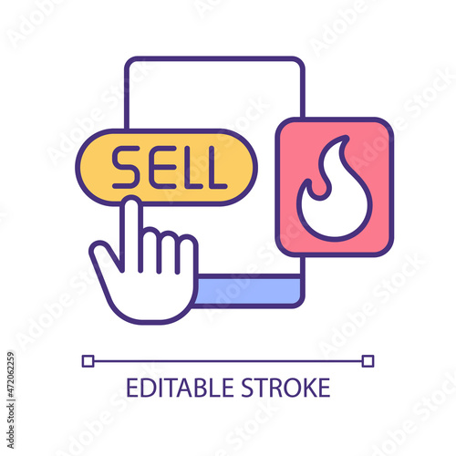 Online hot deals RGB color icon. Selling trending products. Online ecommerce. High profit margin products. Dropshipping shop. Isolated vector illustration. Simple filled line drawing. Editable stroke
