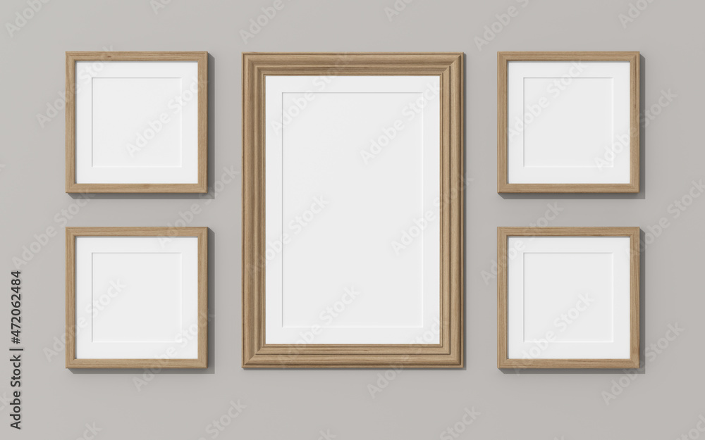 Wooden frames on grey wall. 3D render wooden frame mock up. Empty interior. 3D illustrations. 3D design interior. Template for business. Passe partout frame. Shadow on the wall. Place for your text. Wooden frames on grey wall. 3D render wooden frame mock up. Empty interior. 3D illustrations. 3D design interior. Template for business. Passe partout frame. Shadow on the wall. Place for your text.