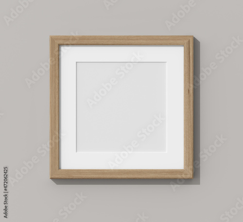 Wooden frame on grey wall. 3D render wooden frame mock up. Empty interior. 3D illustrations. 3D design interior. Template for business. Passe partout frame. Shadow on the wall. Place for your text.	
