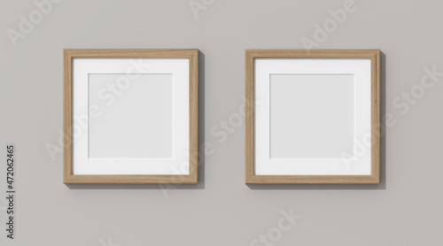 Wooden frames on grey wall. 3D render wooden frame mock up. Empty interior. 3D illustrations. 3D design interior. Template for business. Passe partout frame. Shadow on the wall. Place for your text. 