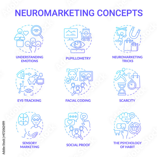 Commercial neuroscience concept icons set. Marketing psychological tools. Consumer emotions research. Customer behavior tracking idea thin line color illustrations. Vector isolated outline drawings