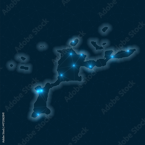 Virgin Gorda network map. Abstract geometric map of the island. Digital connections and telecommunication design. Glowing internet network. Stylish vector illustration.