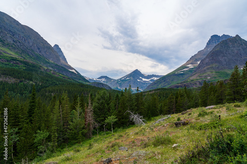 View at Swiftcurrent and Many Glacier on the Continental Divide Trail in Glacier National Park in Montana in the summer photo