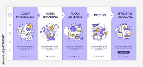 Neuromarketing tools onboarding vector template. Responsive mobile website with icons. Web page walkthrough 5 step screens. Focusing on customers senses color concept with linear illustrations