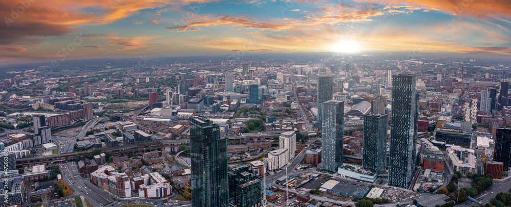 Aerial view of Manchester city in UK on a beautiful sunny day.