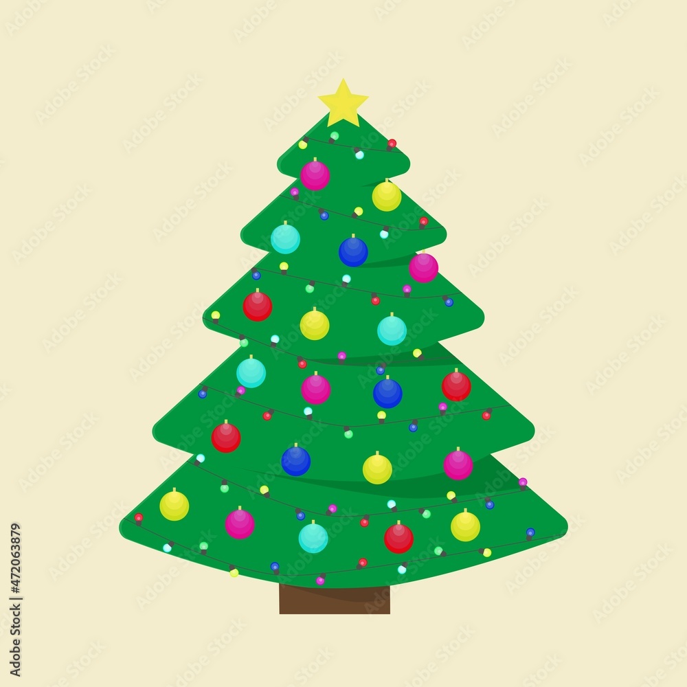 Christmas tree decorated with golden garlands and New Year's toys. Christmas tree. Christmas tree decorated with golden garlands and New Year's toys. Christmas tree.