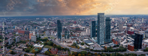 Aerial view of Manchester city in UK on a beautiful sunny day.