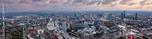 Aerial view of Manchester city in UK on a beautiful sunny day.