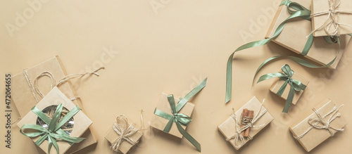 Christmas.Christmas gift box zero waste,Boxing Day,  eco friendly packaging gifts  kraft paper eco christmas holiday concept handmade , eco decor  christmas background pattern © shintartanya