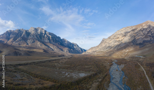 Scenic autumn mountain landscape - aerial view panorama, Dargavs, Northern Ossetia, Russia