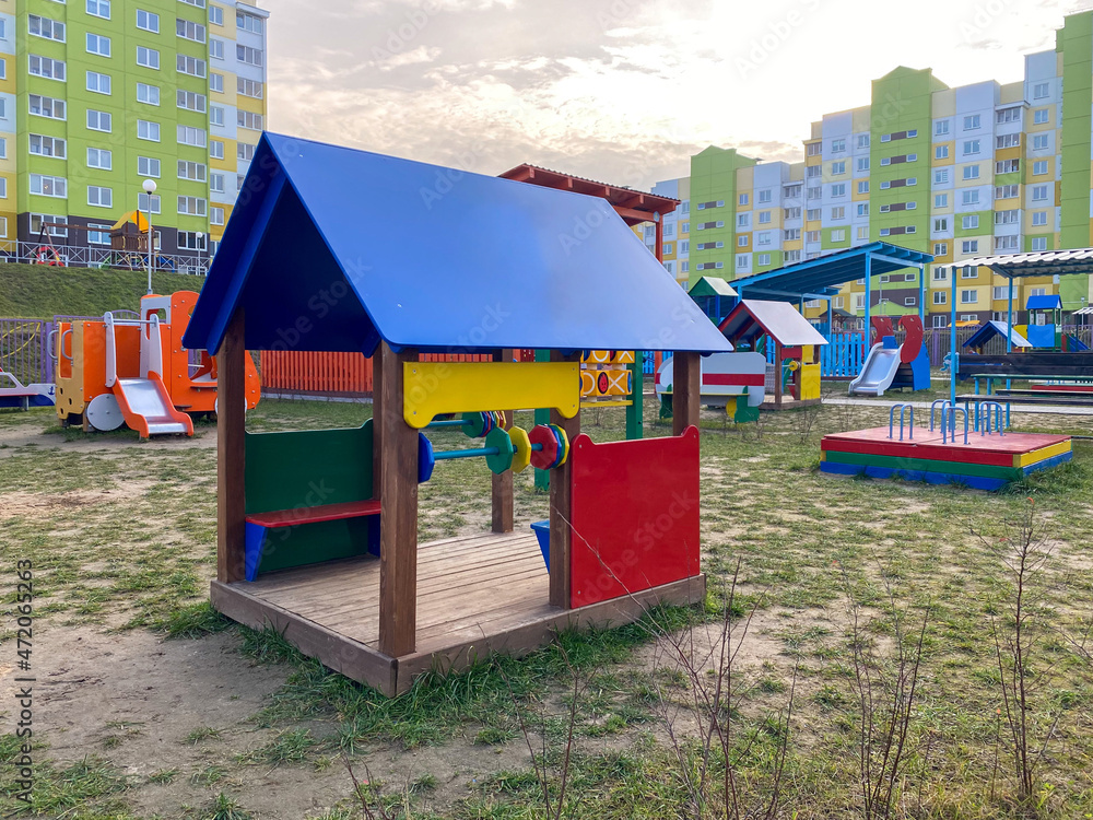 Children's playground. Slide for children, sandbox, gazebo. Equipped children's playground