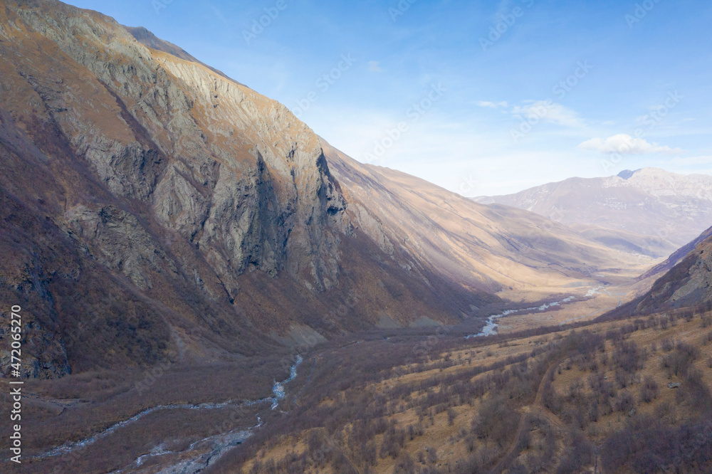 Scenic autumn mountain gorge landscape, Digor Gorge, Northern Ossetia, Caucasus, Russia