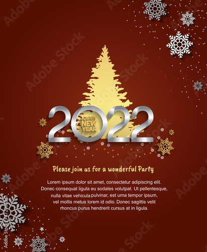 happy new year 2022 silver color with golden pine tree isolated red background