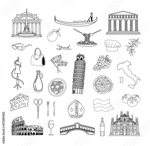 Collection of line drawings of Italy. Illustrations for coloring pages and templates.