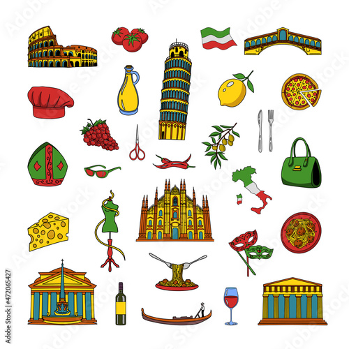 A collection of objects related to Italy. Vector illustration of Italian landmarks.