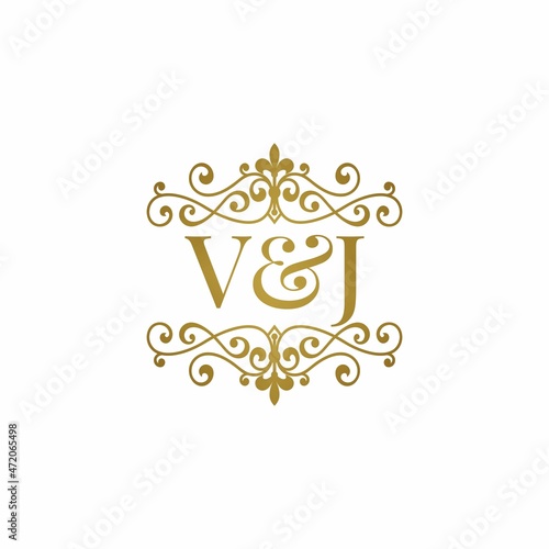 V&J initials logo ornament gold. Letter VJ wedding ampersand or business partner symbol.