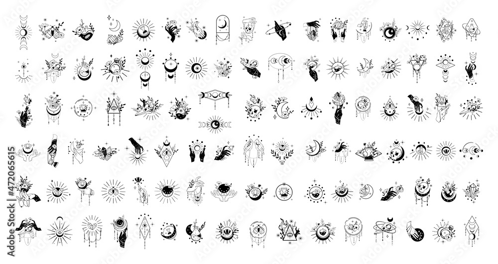 Collection of black and white esoteric tattoos. Mystical stickers.