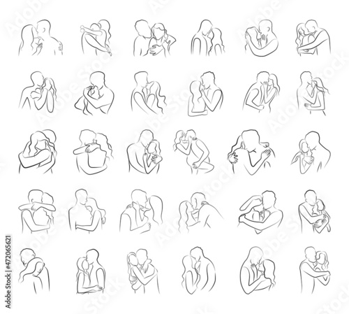Vector set of hugs of people in love in a linear style. Abstract silhouettes of hugging guy and girl.