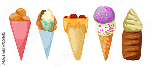 Ice cream set in a detailed style.