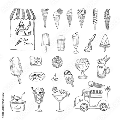 Collection of monochrome illustrations with ice cream in sketch style. Hand drawings in art ink style. Black and white graphics.