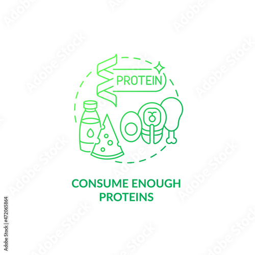 Consume enough proteins green gradient concept icon. Pregnancy diet abstract idea thin line illustration. Inadequate protein intake prevention. Dairy products. Vector isolated outline color drawing