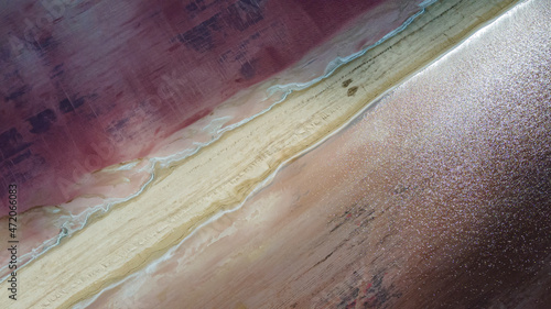 Mexico, Yucatan, Las Coloradas, Aerial view of coastal salt evaporation ponds